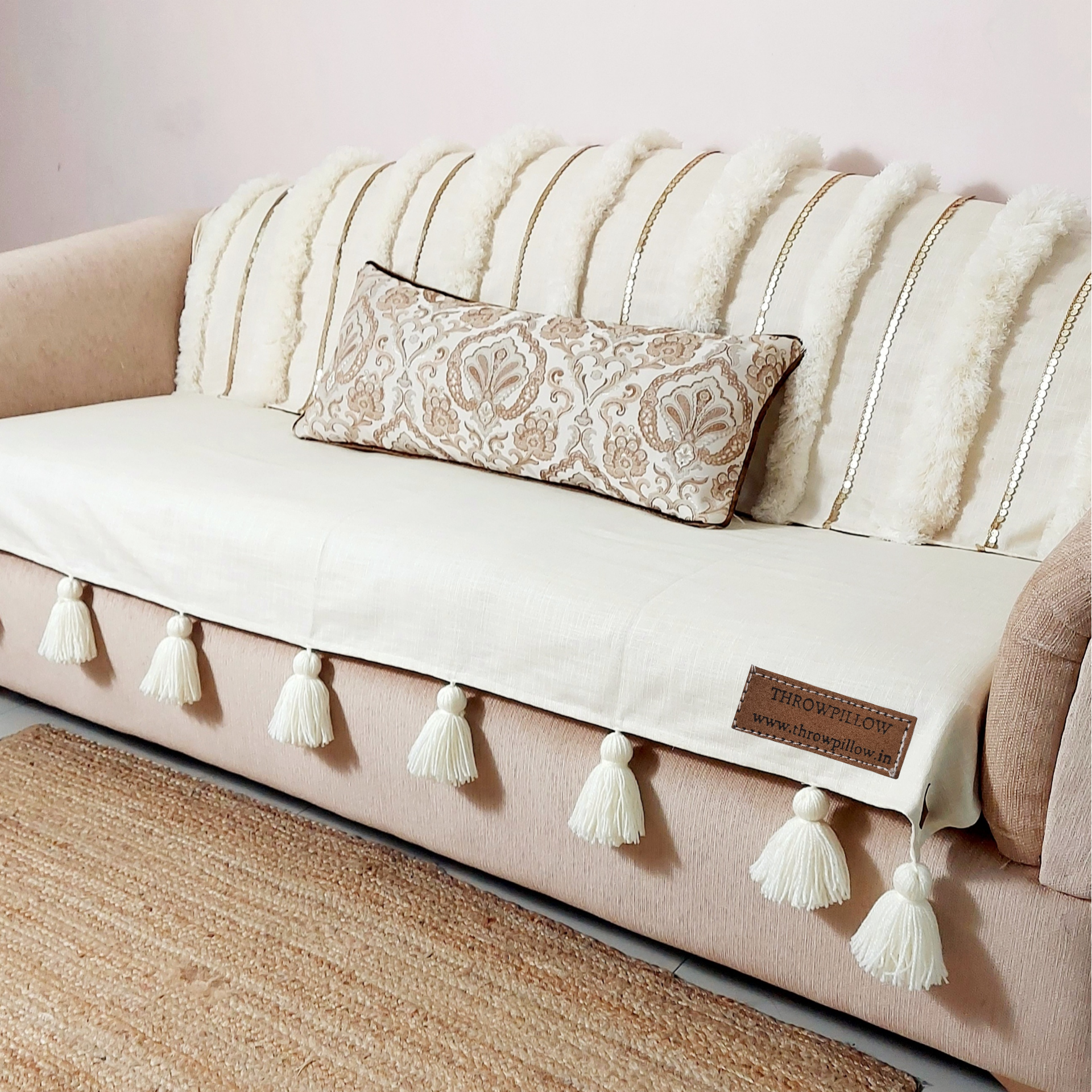 Off White Gold Hand Embroidered Moroccan Tassel Sofa Cover | Boho Luxe Slipcover