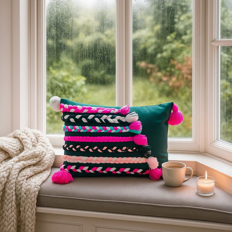 Thumbnail: Boho Braided Dark Green Rectangular Cushion Cover for Sofa D�cor 14x36 Inches