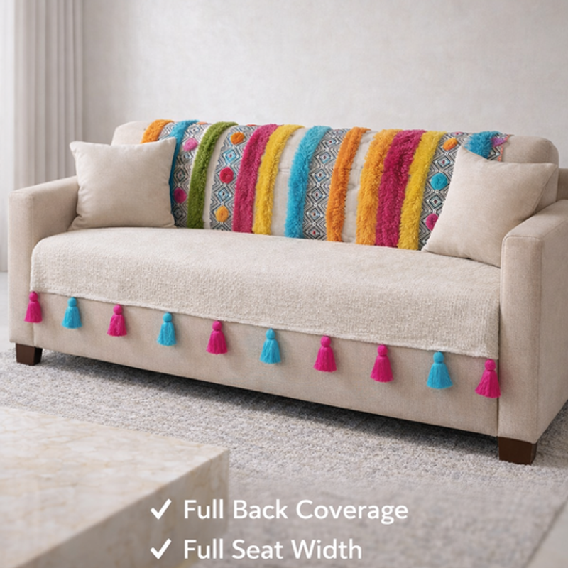 Miniatura: Neutral Bohemian 2 Seater Sofa Cover With Tassels|Boho Sofa Throw For Love Seat