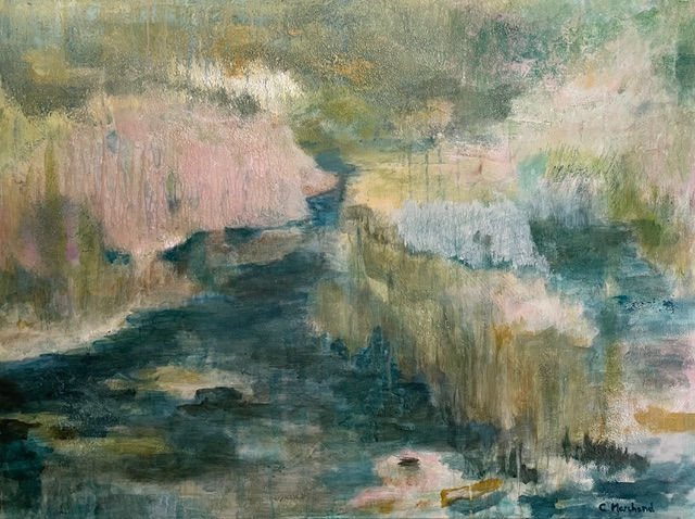 Peinture semi figurative sur toile suggérant un paysage par Christine Marchand artiste en arts visuels et multidisciplinaire