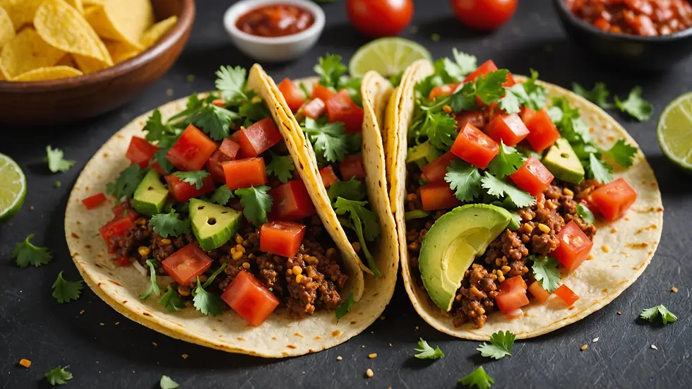 Eye-level view of a delicious taco topped with fresh vegetables and salsa