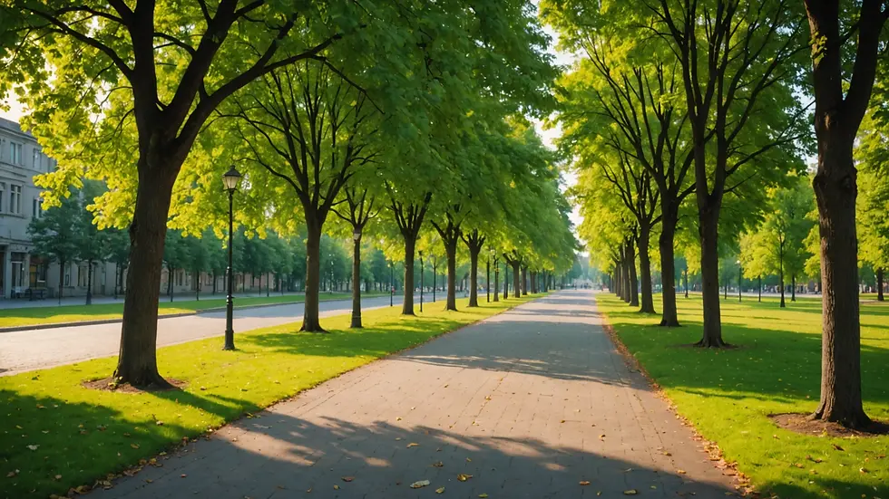 Wide angle view of a peaceful cycling path through a quiet urban park