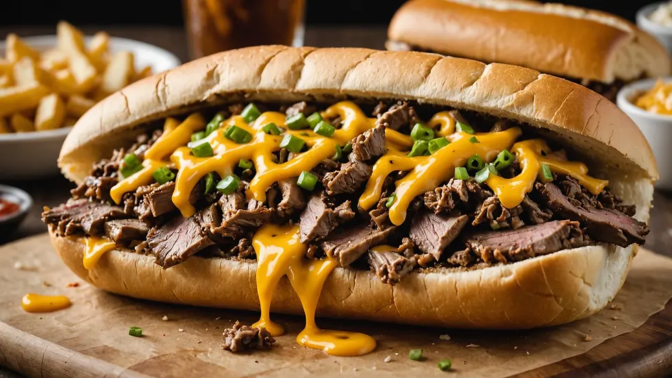 Close-up view of a Philly cheesesteak overflowing with cheese and steak