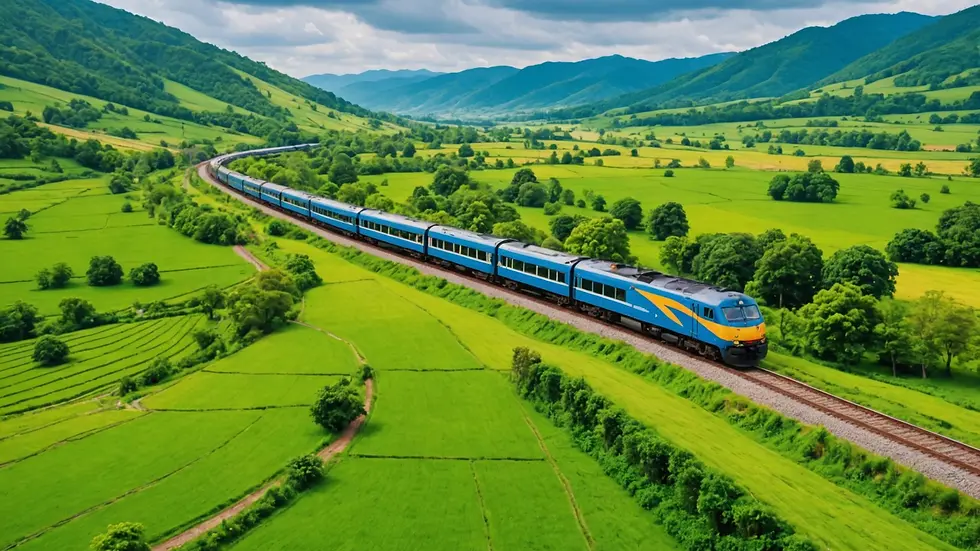 Eye-level view of a colorful train traveling through lush green countryside