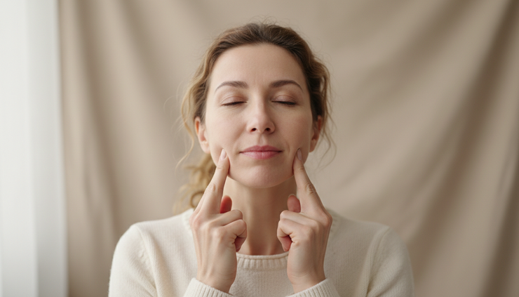 Eye-level view of hands gently locating the jaw muscle
