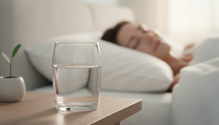 Close-up view of a glass of water and a calm face in the background