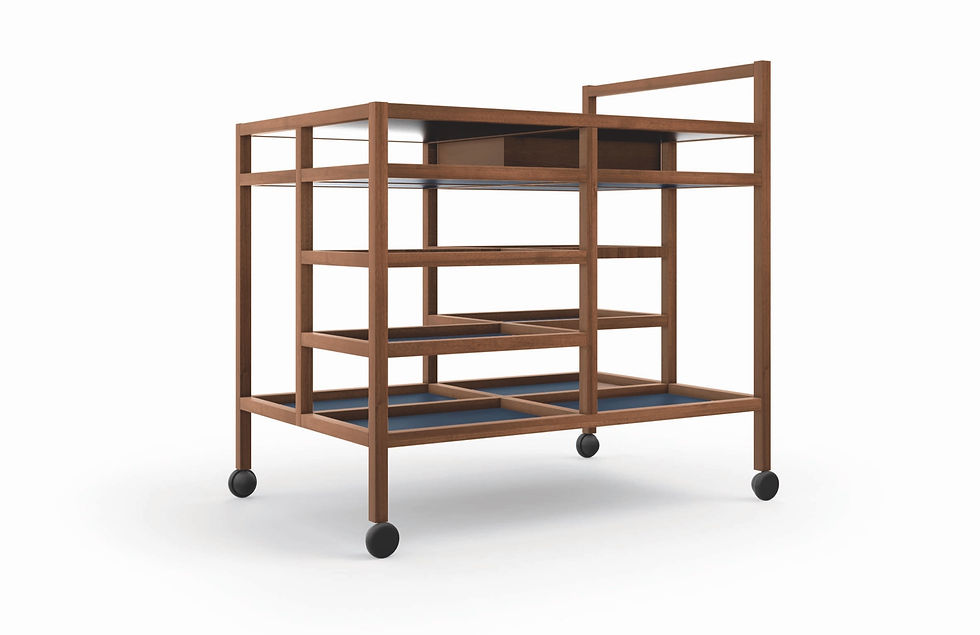 A mid-century Danish bar cart against a white background.