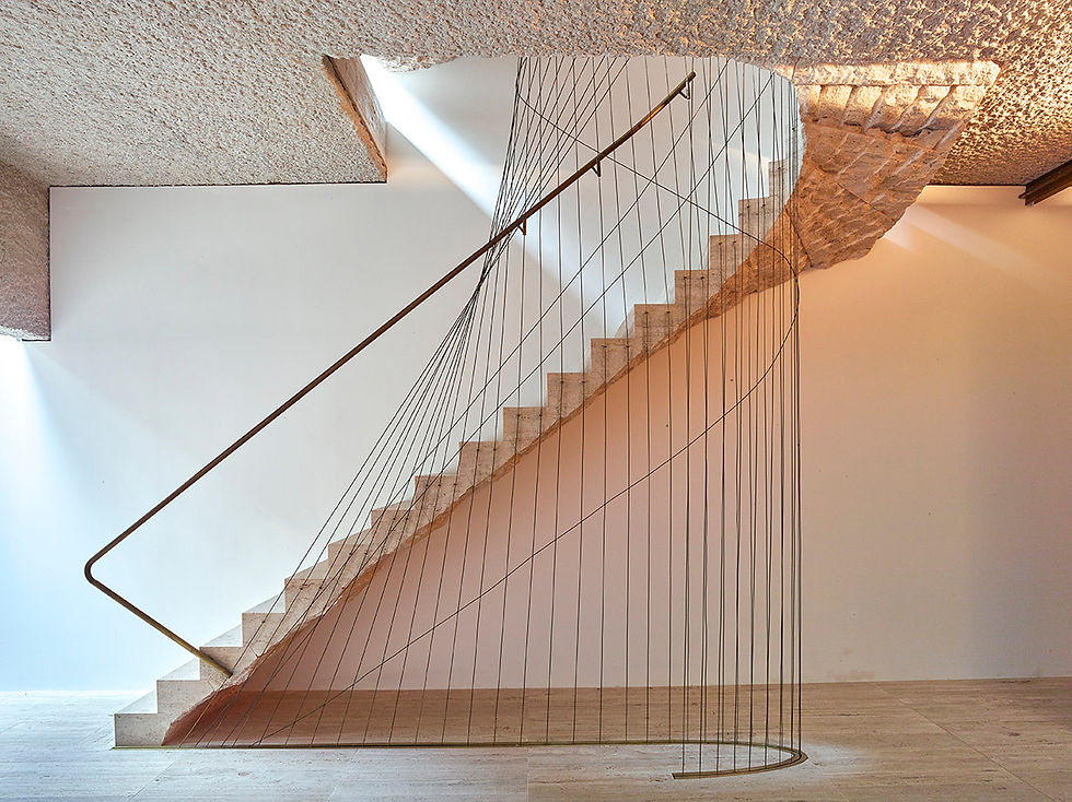 modern architectural staircase with thin metal lines, textured stairs