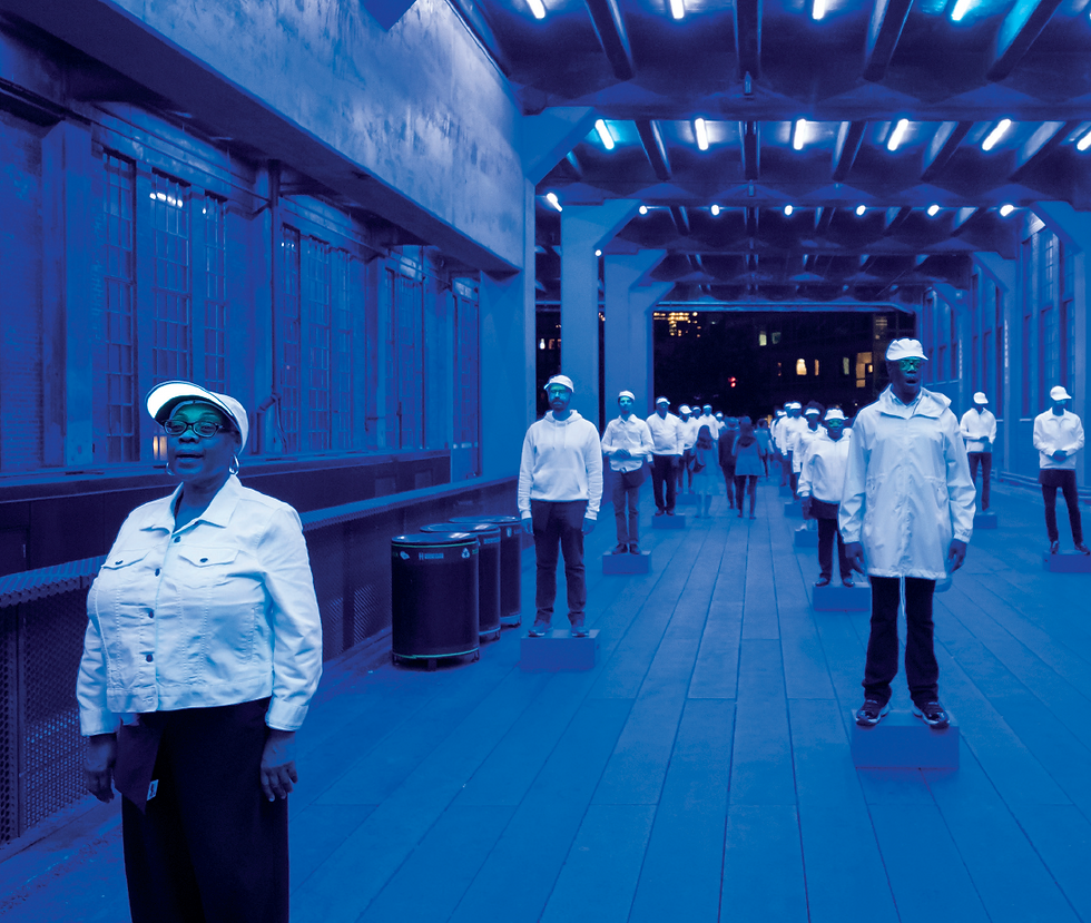 New York Highline with blue lights and people standing like statues in white shits and hats
