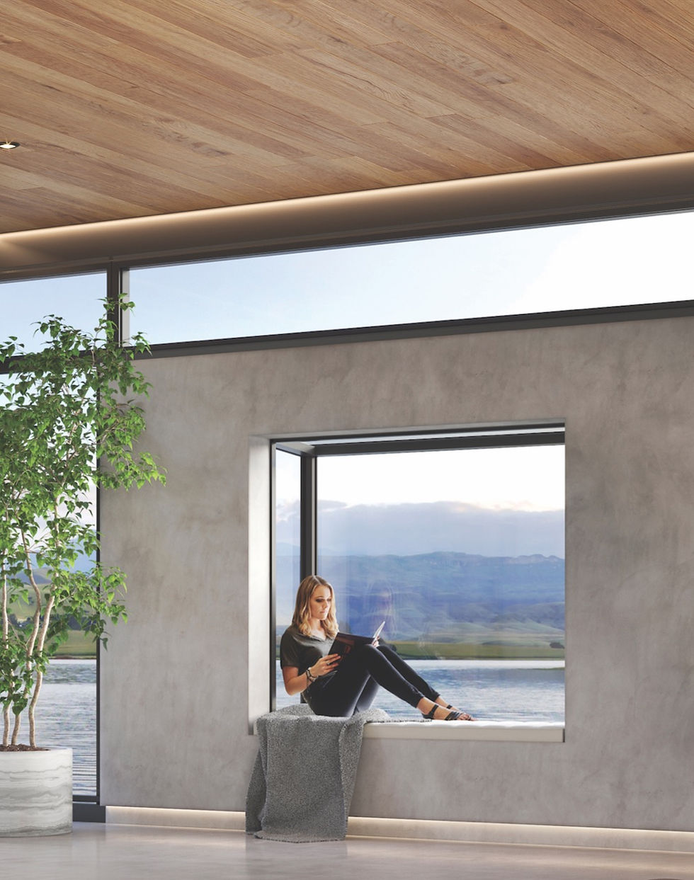 designer home with woman reading in window nook Marvin Skycove