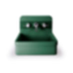 emerald green sink basin with tall back, curved corners. silver faucet fixtures, concrete sink