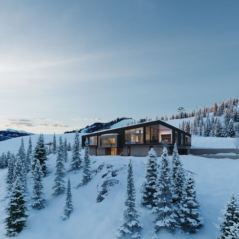 Modern house on snowy hillside with pine trees, under a clear blue sky. Warm lights glow from windows, creating a cozy contrast.