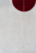 Modern rug, rectangle, light gray with dark red half circle and graphic light pink stripe