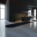 Office with reception desk, runner carpet, black walls, red brick, modern industrial office