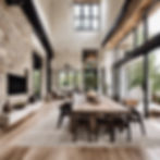 Interior architecture of an open plans space, with wood floors, whiteish walls, texture st
