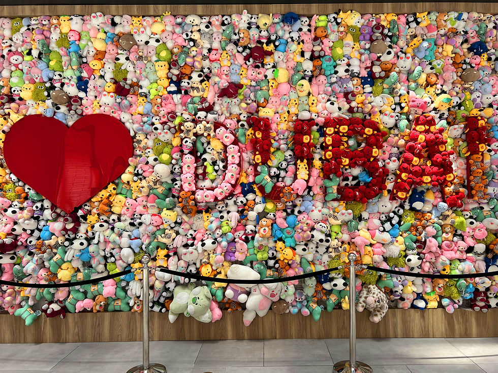 Wand voller Plüschtiere mit einem großen roten Herzen und aus roten Plüschtieren das Wort Dubai geschrieben