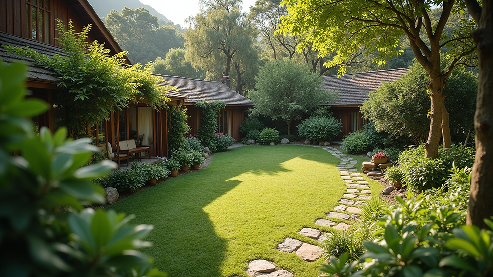 High angle view of a serene garden area at the homestay