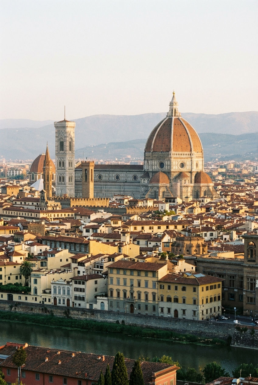 high angle view, Florence skyline with the Duomo dominating the scene, Italy, soft morning light over terracotta roofs, portrait