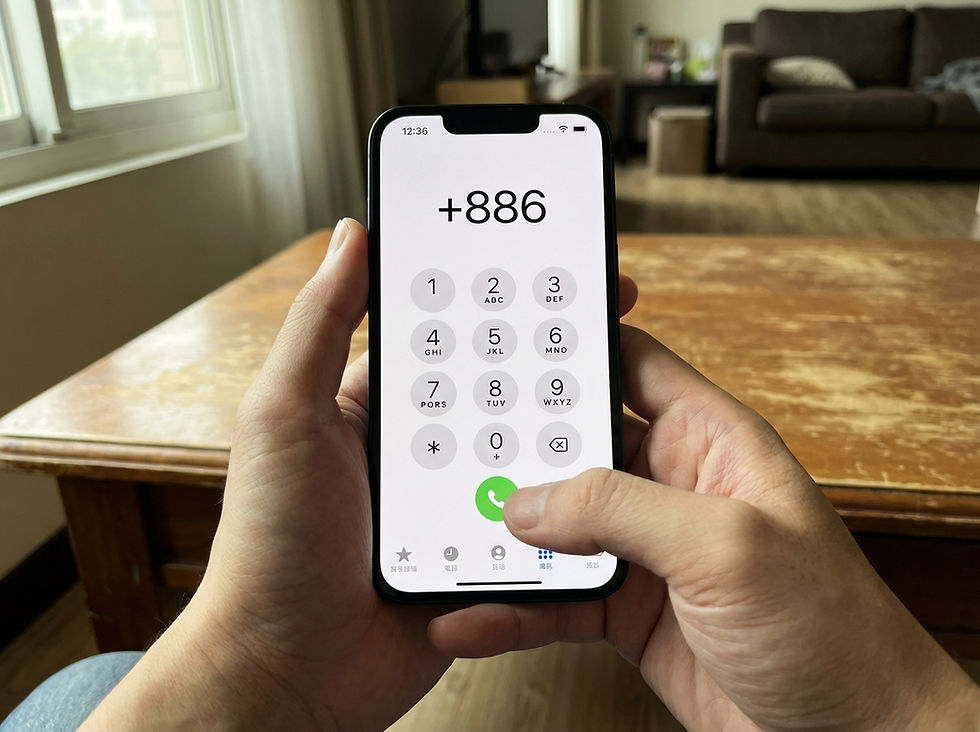 Person dialling +886 on iPhone keypad