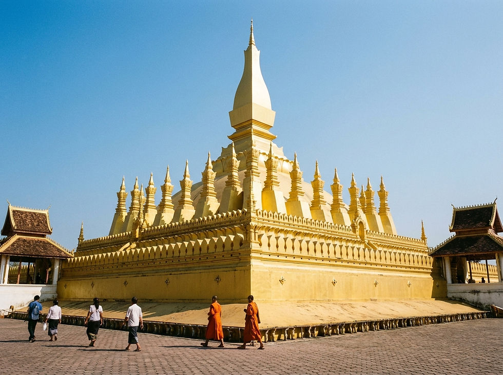 ground-level shot, the golden Pha That Luang stupa against a clear blue sky, Vientiane, bright daylight, landscape 485x363