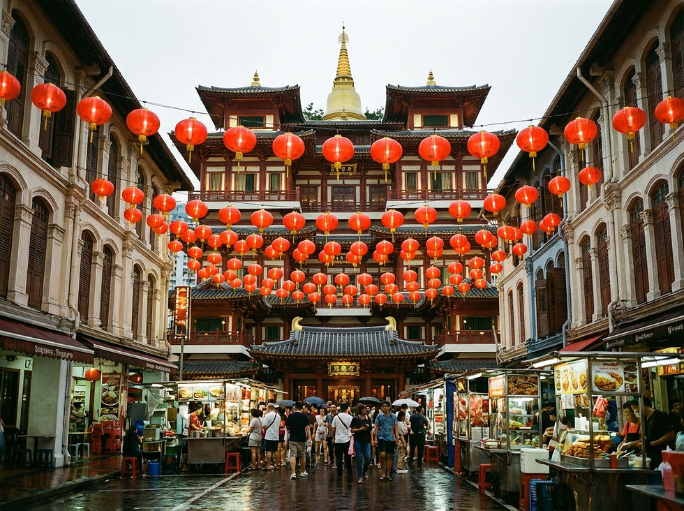 low-angle shot, red lanterns strung across a busy street in Chinatown, Singapore, with the Buddha Tooth Relic Temple in the background, landscape 485x363