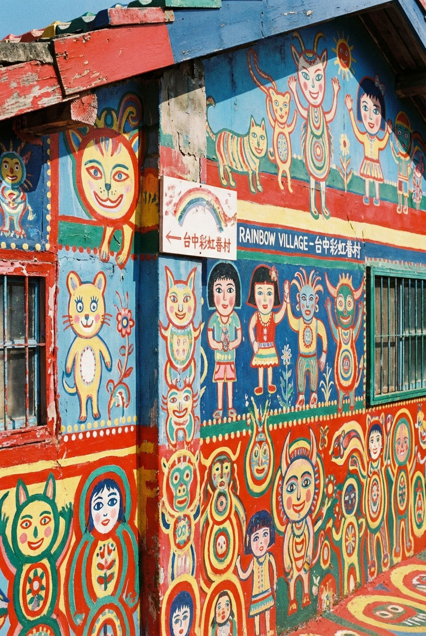 colourful close-up, hand-painted murals at Rainbow Village, Taichung Taiwan, bright sunny day highlighting whimsical characters, portrait