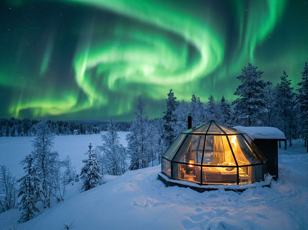 magical night scene, a glass igloo glowing under the green swirls of the Northern Lights, Rovaniemi Finland, dark winter sky, landscape 485x363