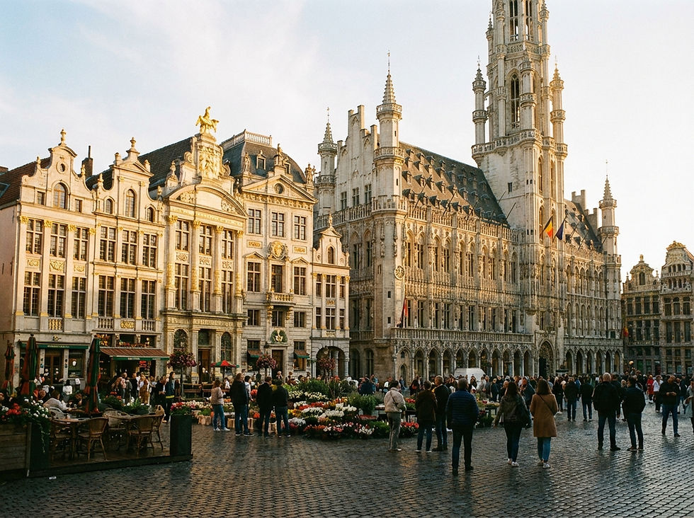 cityscape, the Graslei and Korenlei waterfront in Ghent at dusk, Belgium, historic buildings illuminated and reflecting in the Leie river, landscape 485x363
