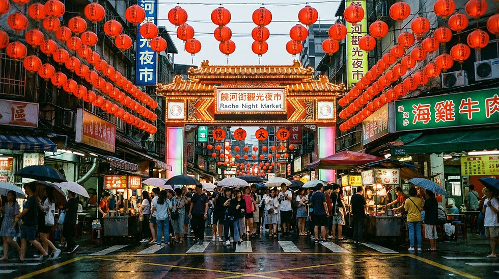 street photography, bustling Raohe Night Market entrance, Taipei Taiwan, glowing red lanterns and crowds of people, landscape
