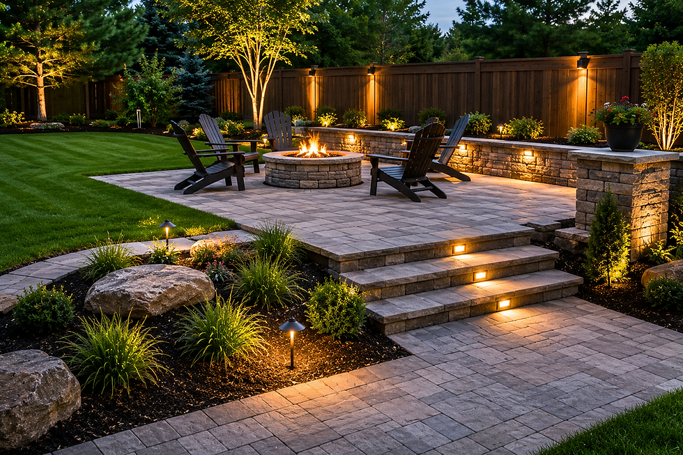 Landscaped backyard patio with fire pit and stone steps
