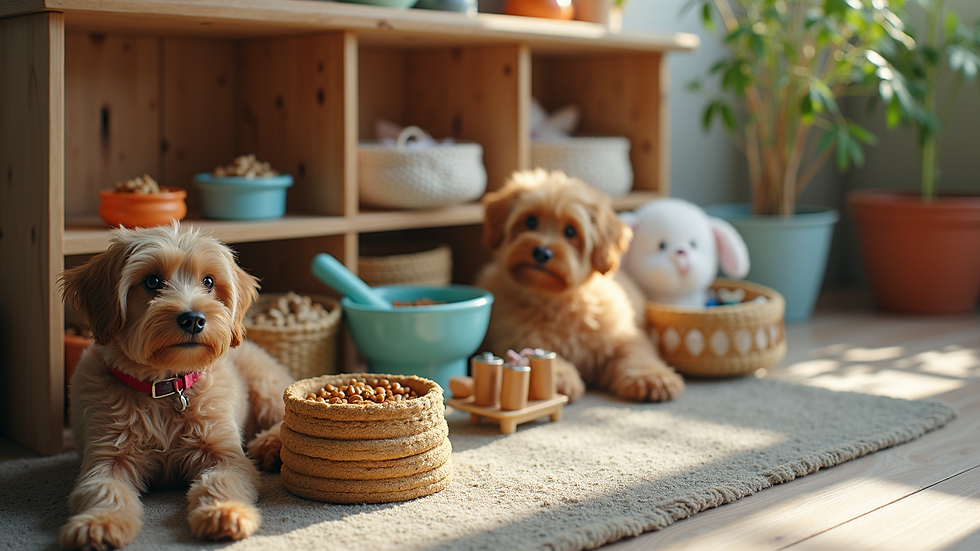 High angle view of neatly organised pet supplies including food, toys, and grooming tools