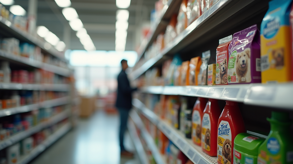 Eye-level view of a shelf stocked with various pet supplies in a store