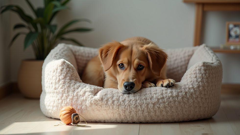 Close-up view of a dog bed with soft cushioning and a chew toy