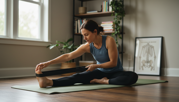 Eye-level view of a person stretching their hamstrings on a yoga mat at home.