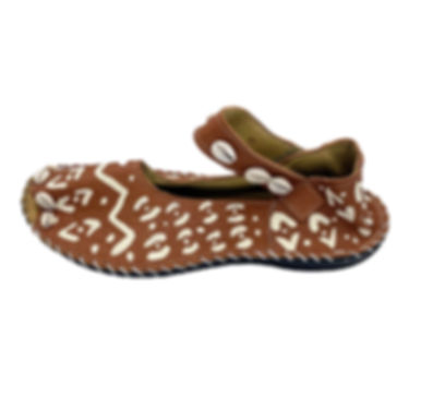Tan mudcloth cowry shell open toe ballerina