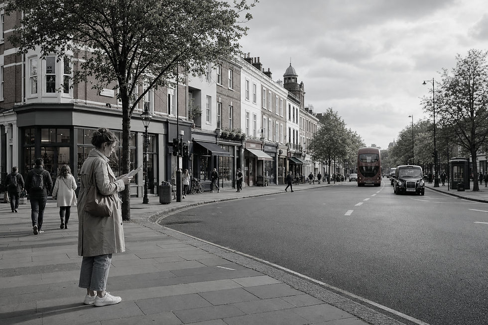 A person in a beige trench coat reads a map on a London street with a red bus and black taxi in the background.