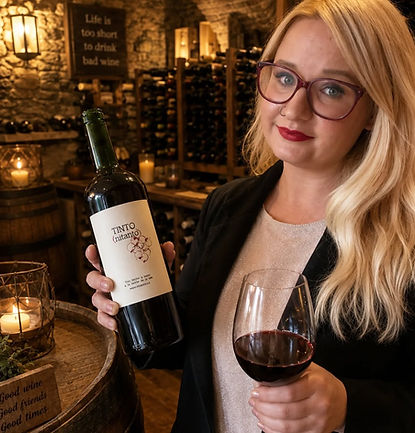 Emily holding a bottle of red wine and a glass