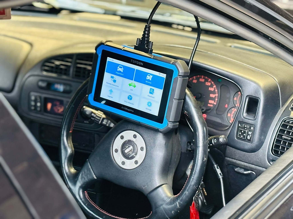 Testing equipment on steering wheel of a car
