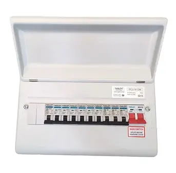 A white electrical panel with the cover open, revealing multiple blue-labeled switches and a prominent red main switch