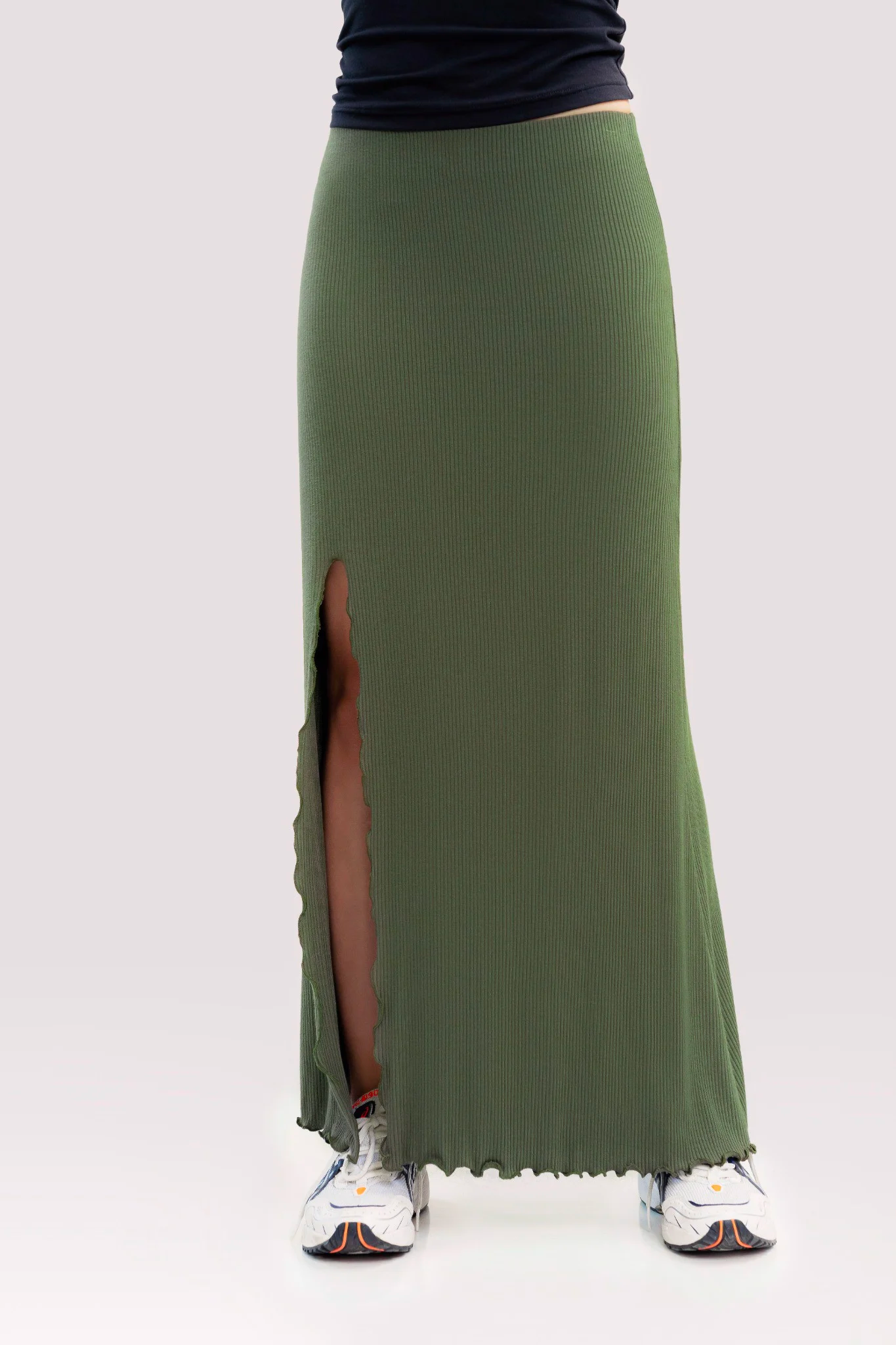 Olive Lettuce Hem Side Slit Ribbed Maxi Skirt