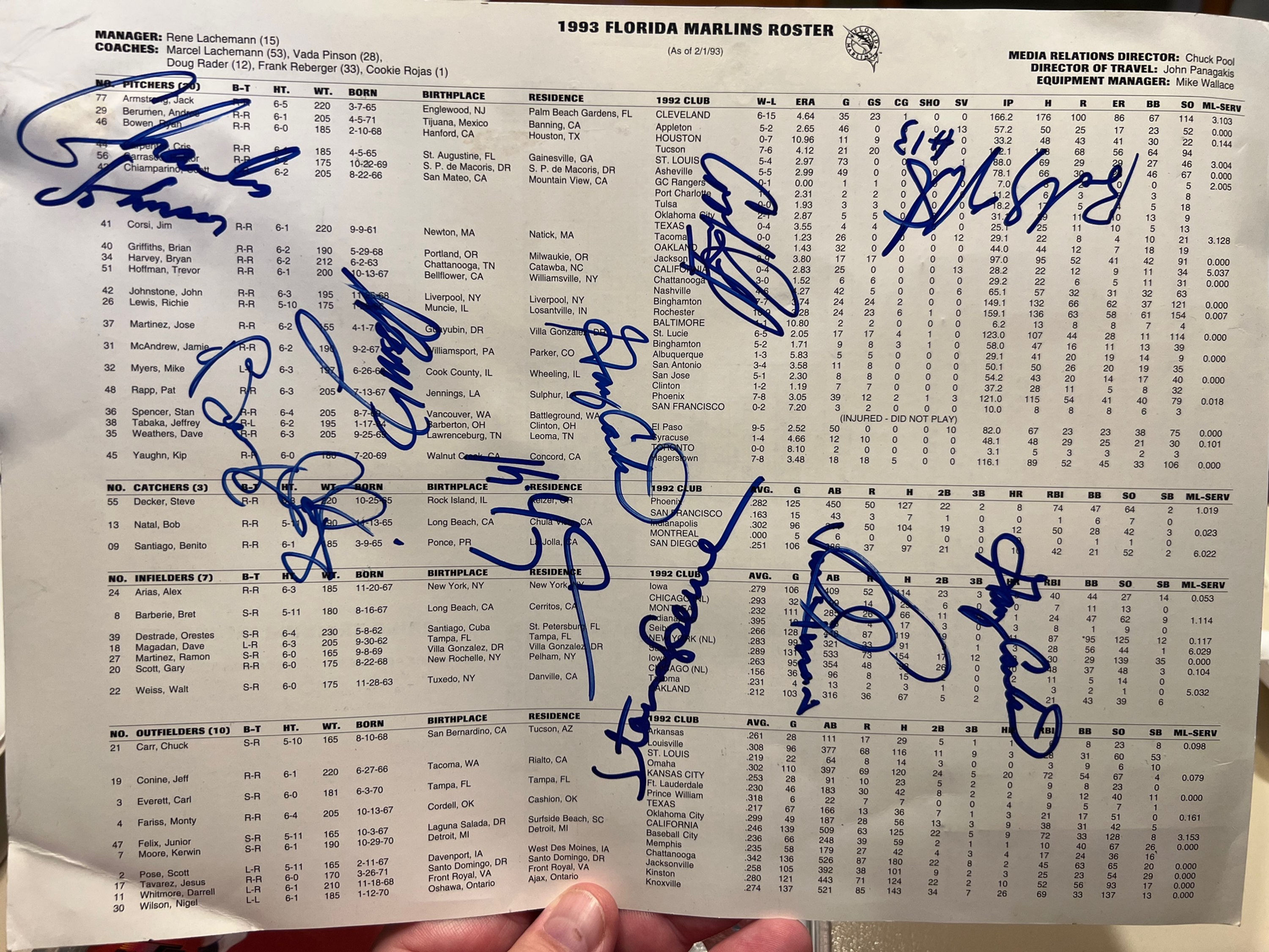 1993 Florida Marlins signed roster- 10 signatures