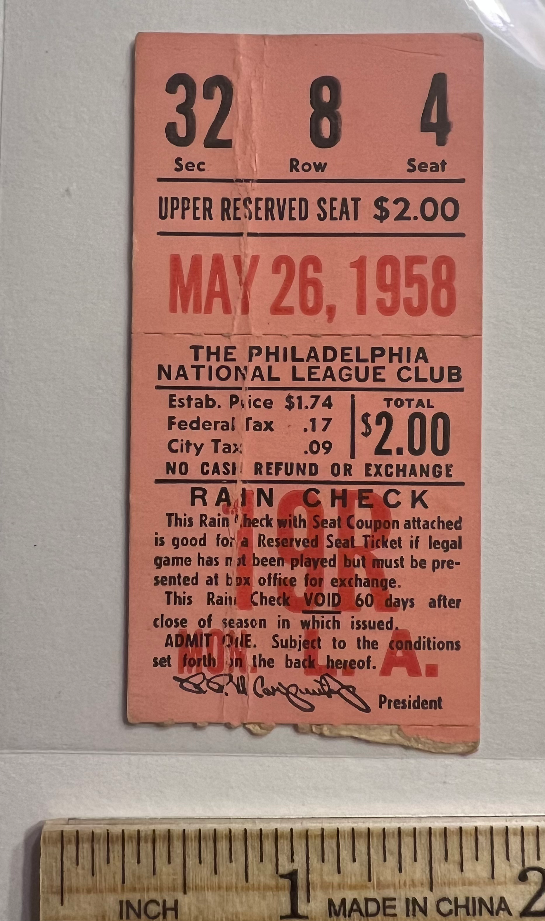 1958 Philadelphia Phillies ticket