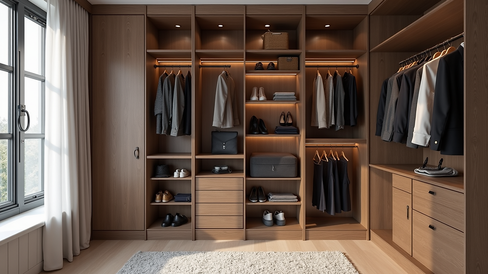 Eye-level view of a modern customized built-in closet with organized clothing