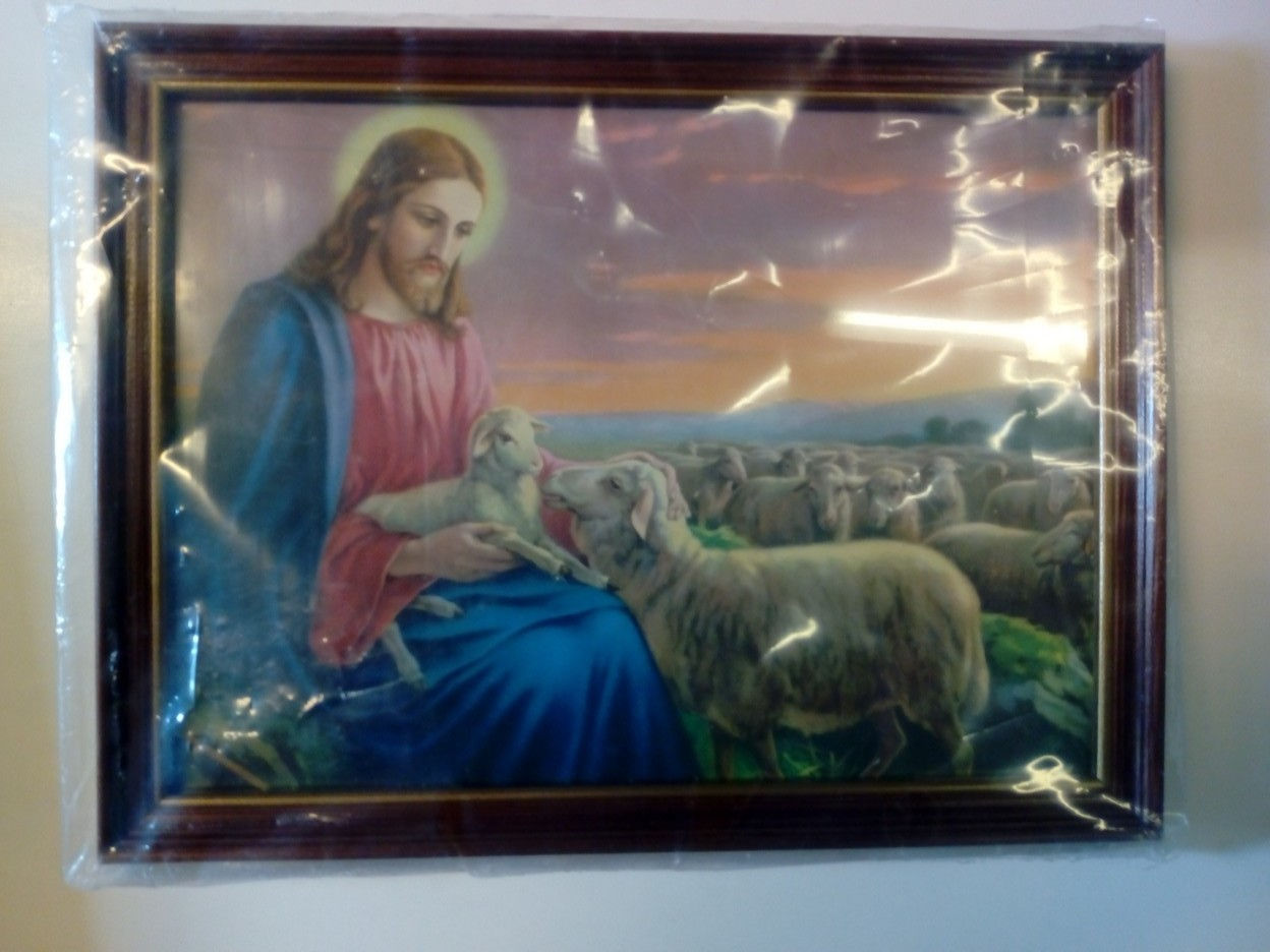 Jesus sittande med får i famnen, fårhjord, brun ram