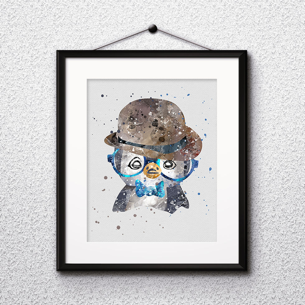 Hipster Penguin in Glasses  Art Prints, Posters, Watercolor Art, Wall art, home decor, Printable Art, Art Prints, Painting