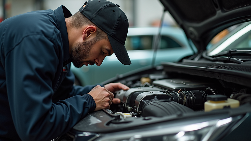 Close-up view of a mechanic inspecting a car engine