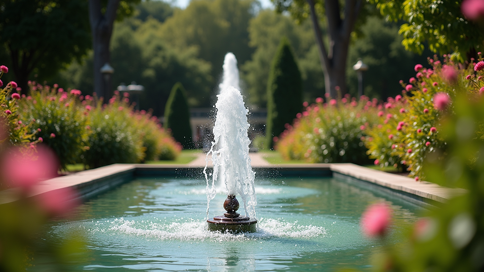 Eye-level view of a stylish jet fountain in a vibrant garden