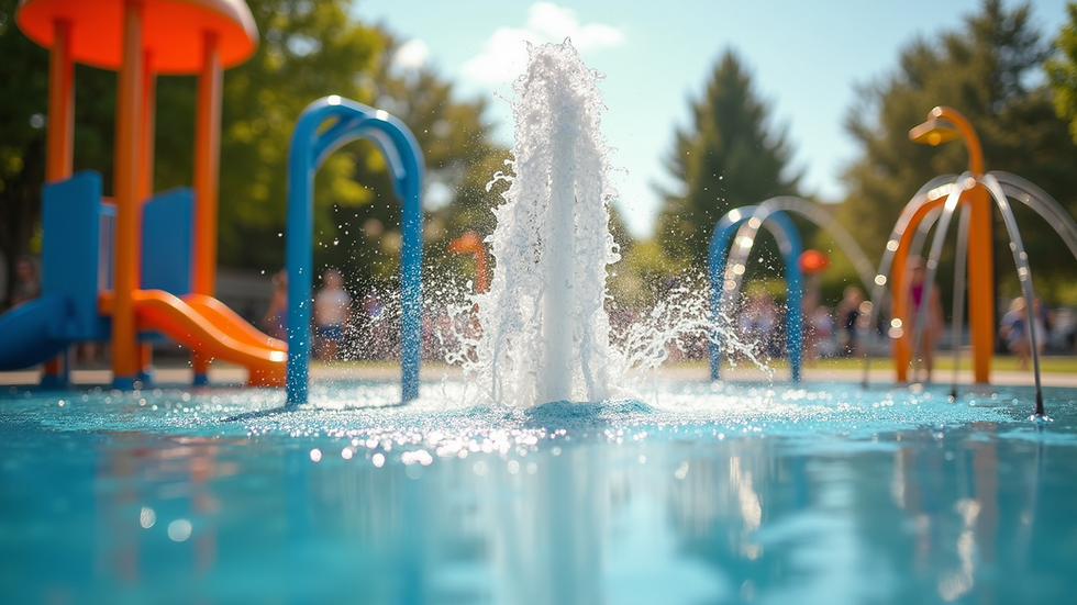 Eye-level view of a colorful splash pad with water features