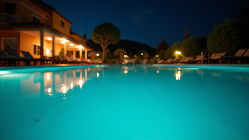 Eye-level view of illuminated swimming pool at night