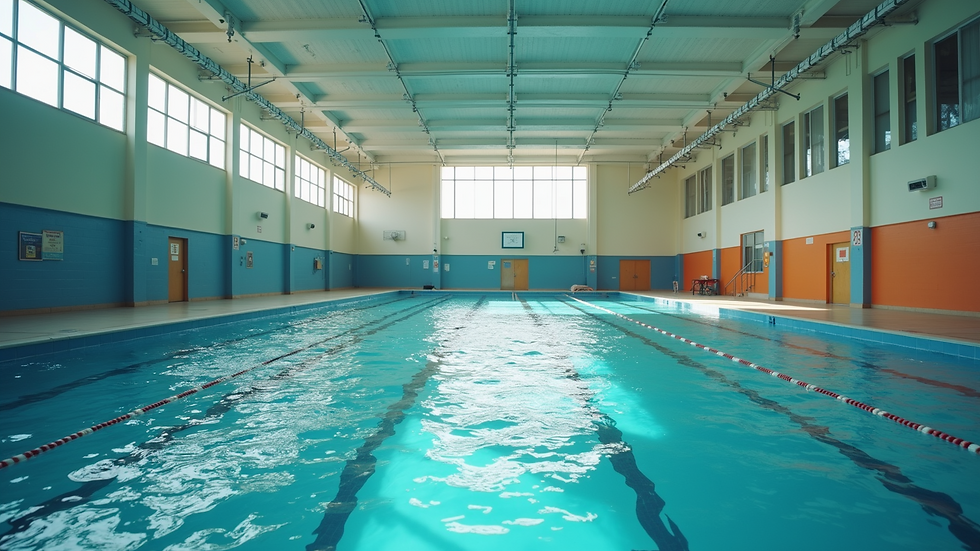 Wide angle view of a school gymnasium with a swimming pool featured in the facility